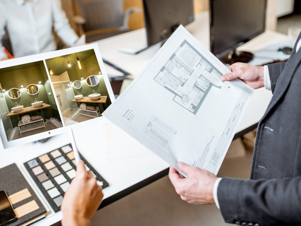 Close Up On Blueprints With An Architectural Project In The Office